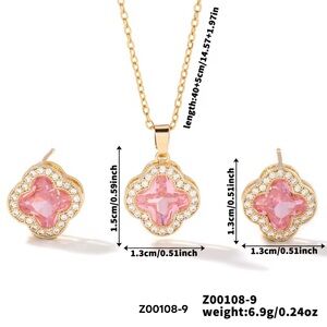Elegant Pink ,18K Gold Plated Colorful Zircon Necklace and Stud Earrings set